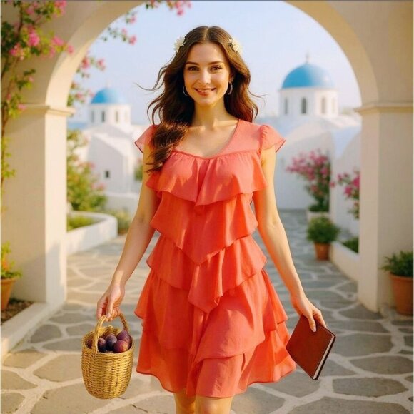 BCBGMaxAzria ✦ Coral Pink Tiered Dress ✦ Mesh Puff Sleeves Ruffle Layers V-Neck - Picture 7 of 7